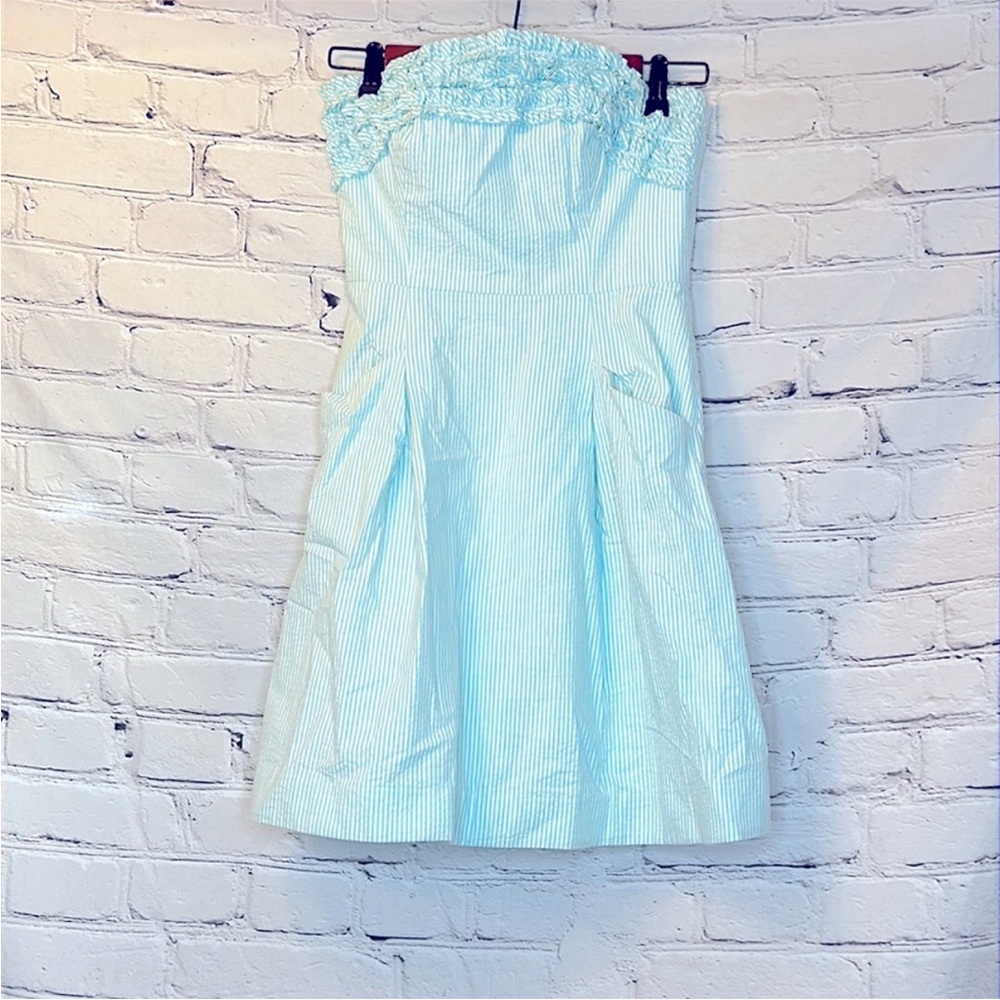Lilly Pulitzer Blue White Seersucker Strapless Dress Size 00 Excellent Condition